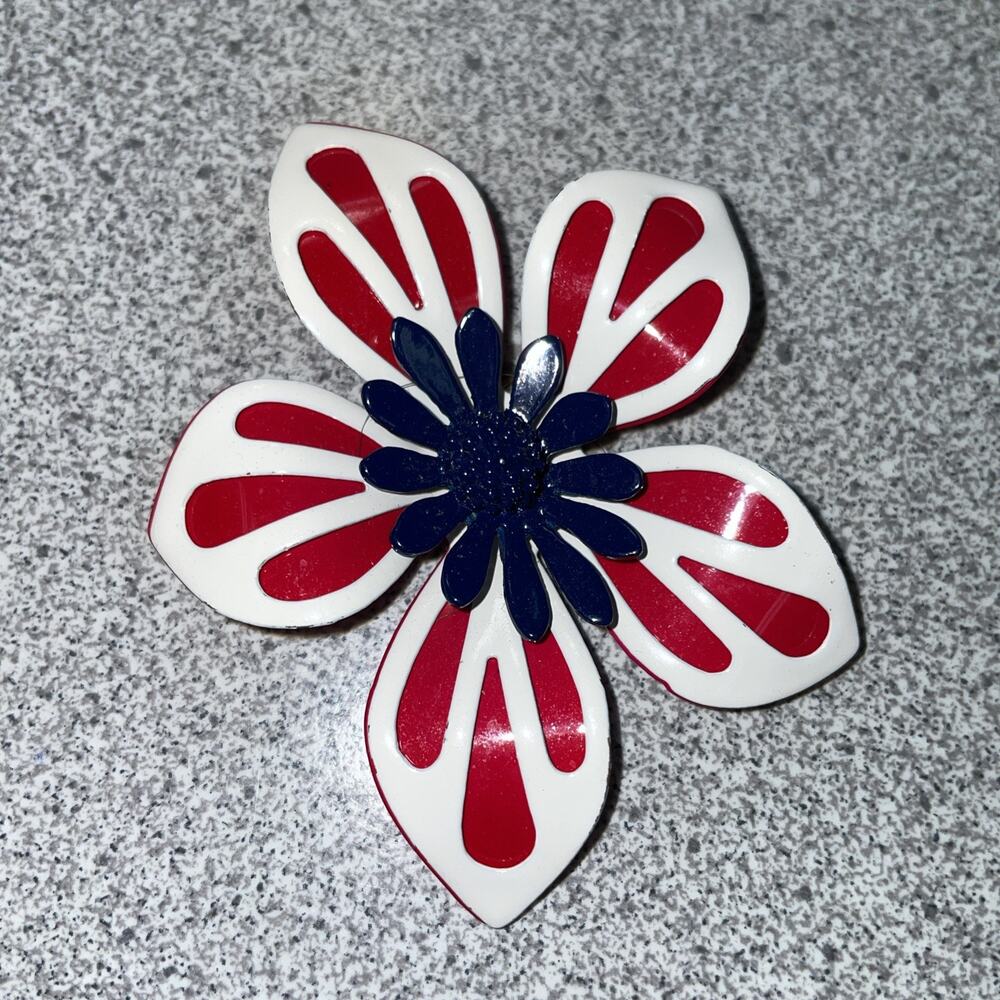 Vintage red white and blue Enamel Flower Brooch Pin Large Excellent